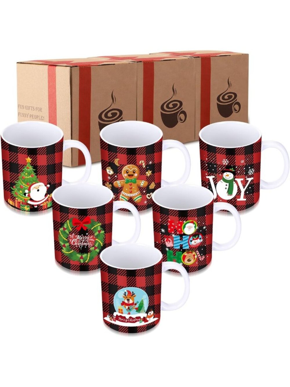Set of 6 Christmas Coffee Mugs, 12 oz Ceramic, Red Black Plaid Holiday Decor